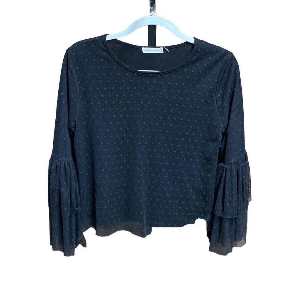 Pebble And Stone Black Crop Sheer Dotted Ruffle Bell Sleeve Top Size Large